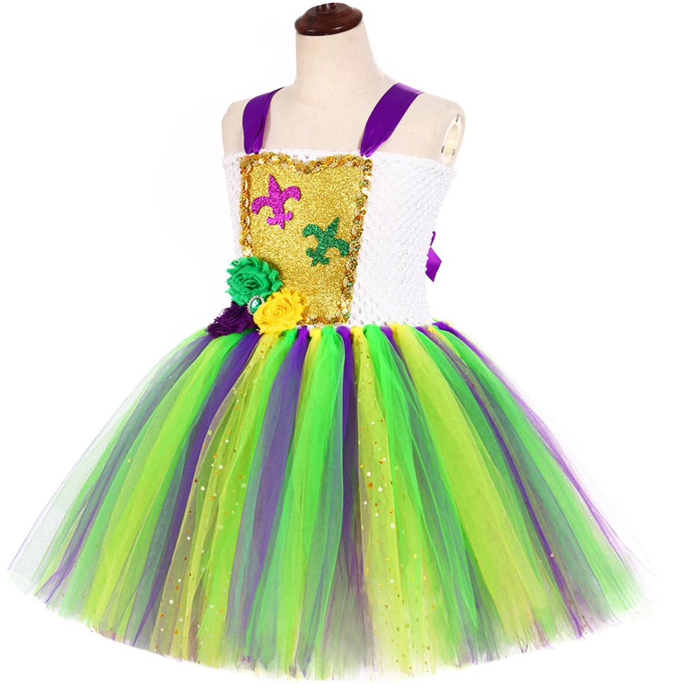 Mardi Gras Festival Tutu Dress for Girls Sparkly Carnival Costumes for Kids Masquerade Party Cosplay Outfits with Sequins Mask