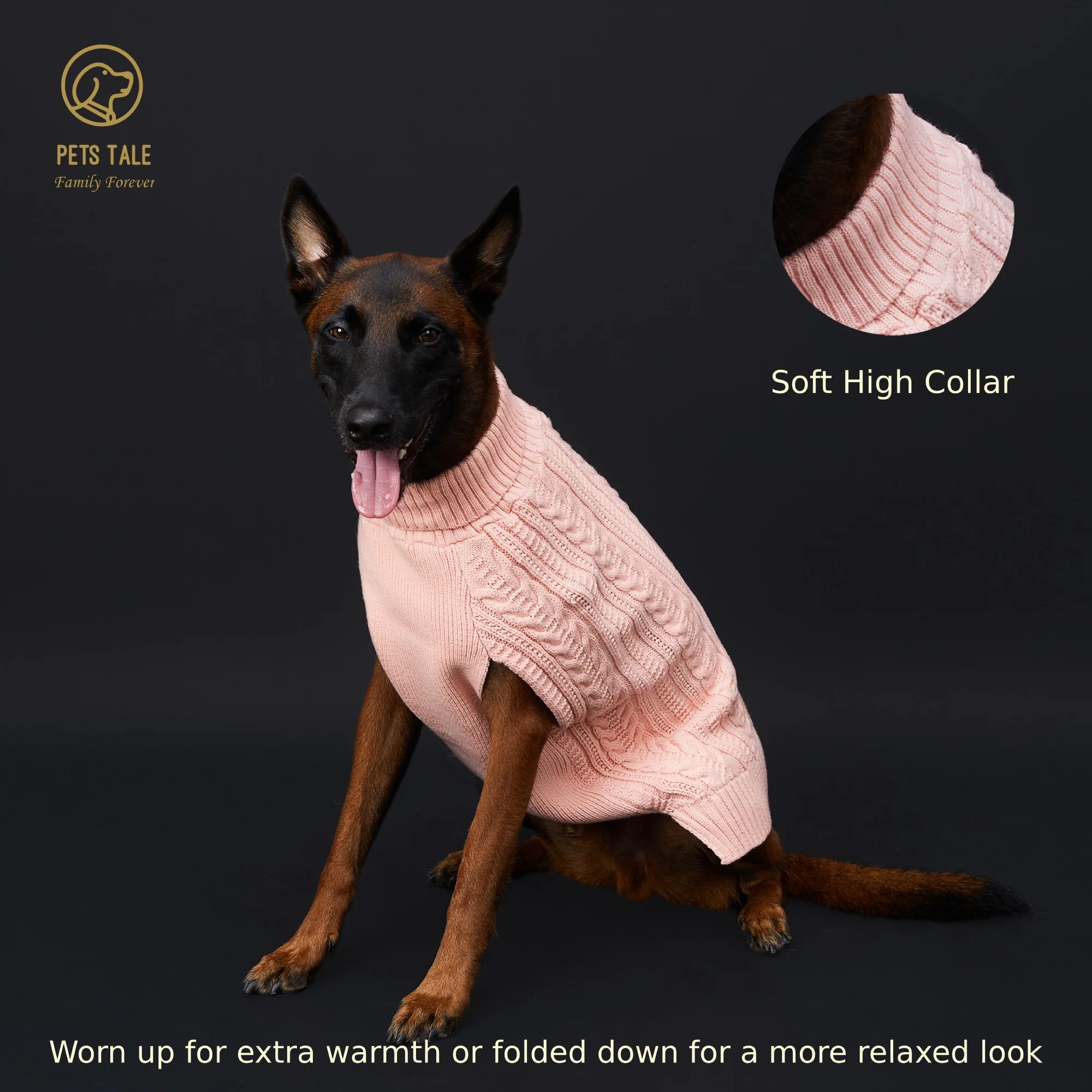 Cable Knit Dog Sweater - Soft High Collar Design with Leash Hole, Available in 4 Colors: Pink, Khaki, Green, and Purple