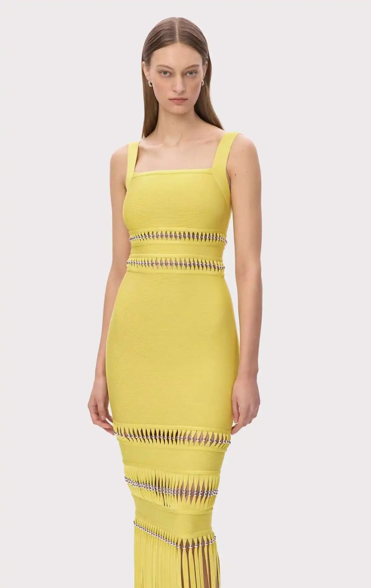 

​​Bandage Dress Sleeveless Beaded Fringe Trim with Studded Details Bodycon Gown for Formal Evening Party pecial Occasions​