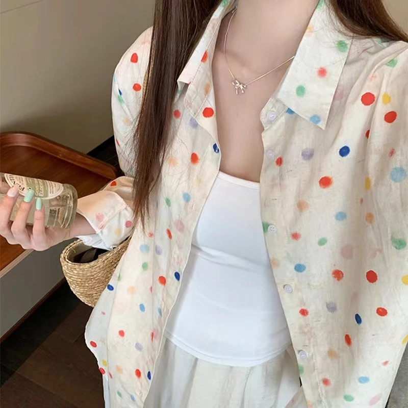 Fashion Polka Dot Printing Women Shirt Loose Sweet Casual Blouses Office Women Summer Long Sleeve Sunscreen Lady Tops Clothes