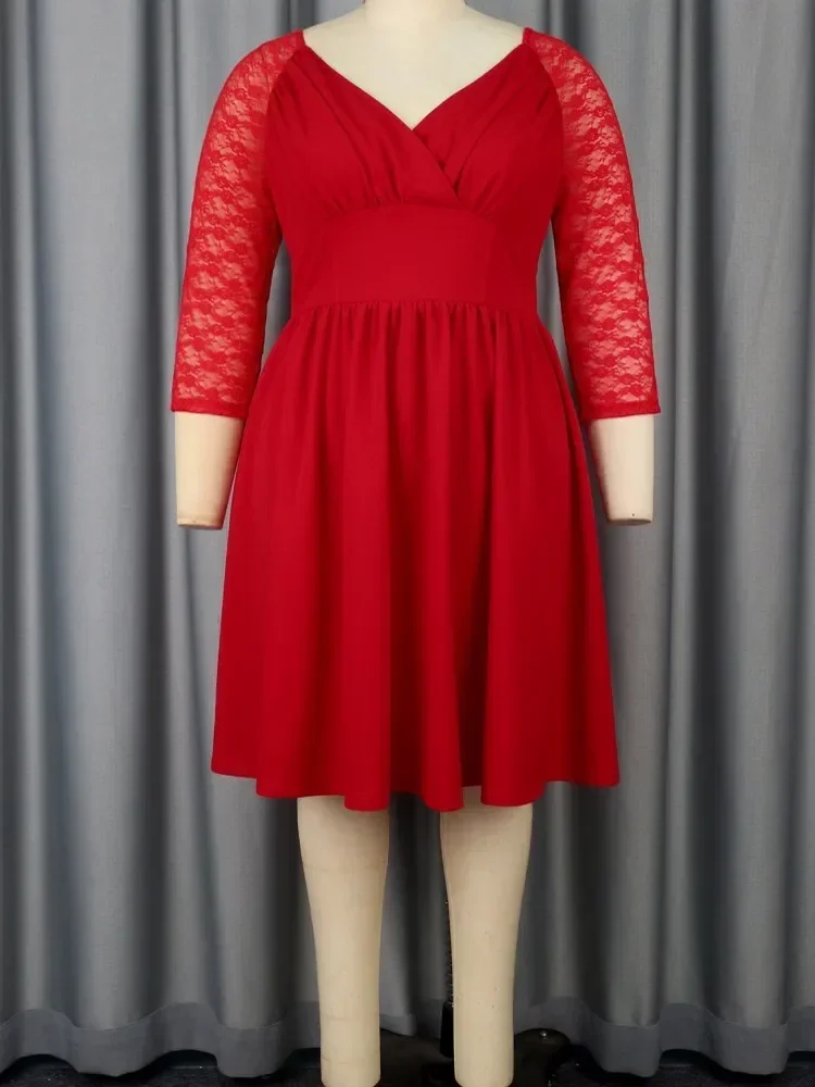 

L-3XL Одежда больших размеров Кружевные платья Женские халаты Лето-Осенний длинный рукав Уличный стиль Повседневное 3XL Большой размер Платье миди большого размера