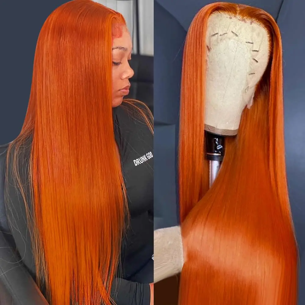 Peluca Frontal de encaje naranja jengibre, cabello humano liso de hueso 13x4, cabello brasileño predespuntado, peluca Frontal de encaje transparente 13x6