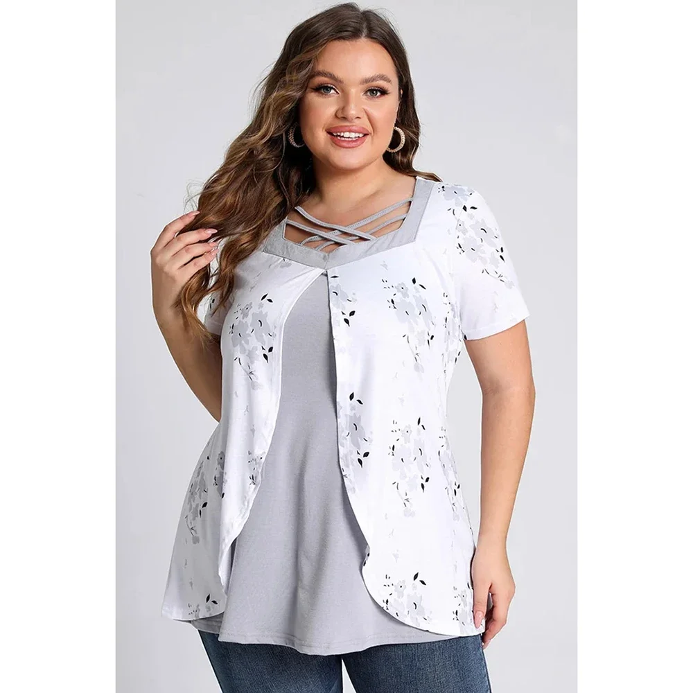 Plus Size Summer Casual Cross Strap Short Sleeve Floral Print Blouses