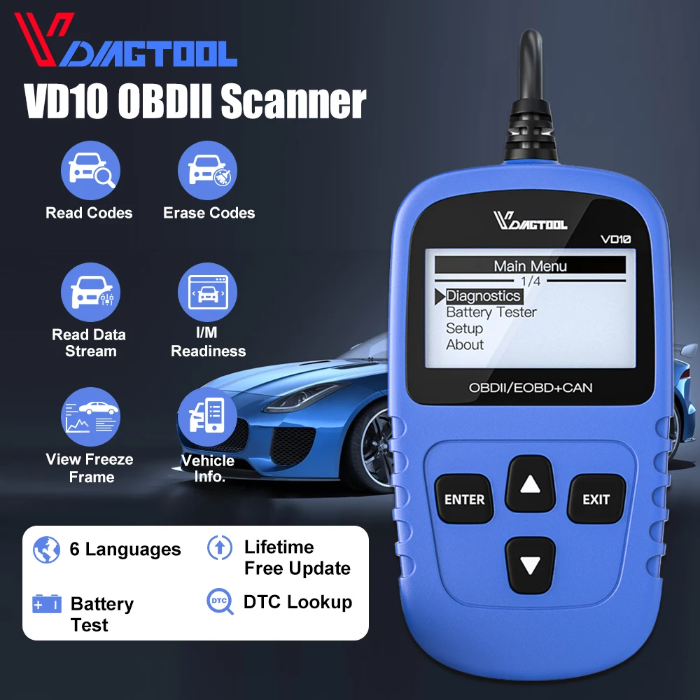 VDIAGTOOL VD10 OBDII Scanner Turn Off Engine Light Code Reader Smog Check Car Diagnostic Tool DTC Lookup Lifetime Free Update