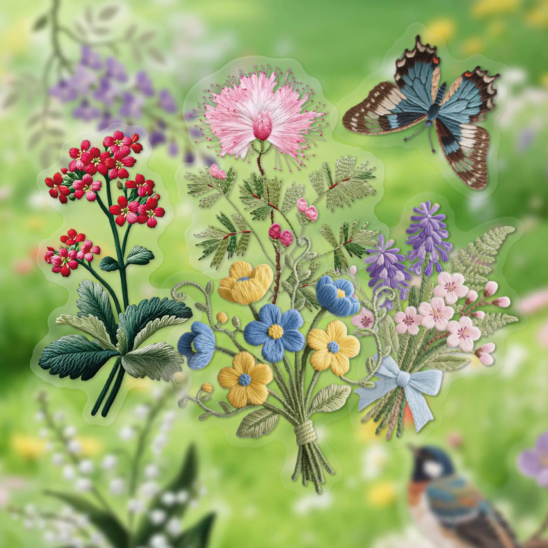 15pcs/1lot Kawaii Scrapbook Stickers Embroidered Wild Flowers Collection Junk Journal Gold Planner Stationery   Decorative