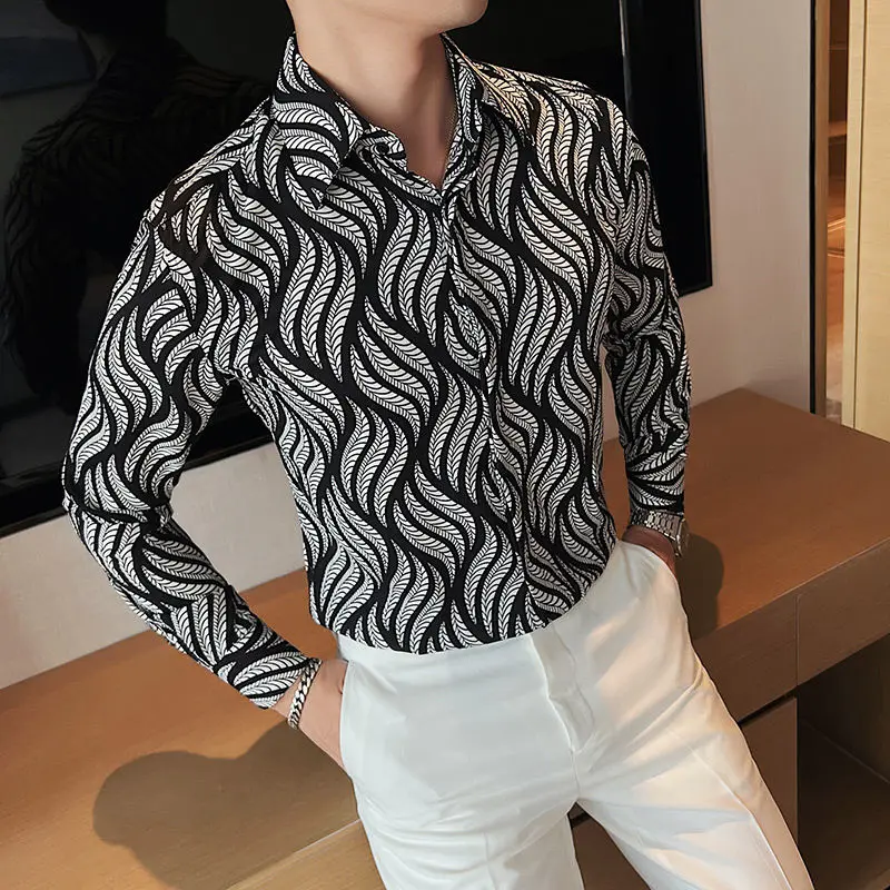 2023 Spring and Autumn New Men\'s Square Neck Printed Shirt Long Sleeve England Handsome Contrast Color Button Cardigan Thin Tops