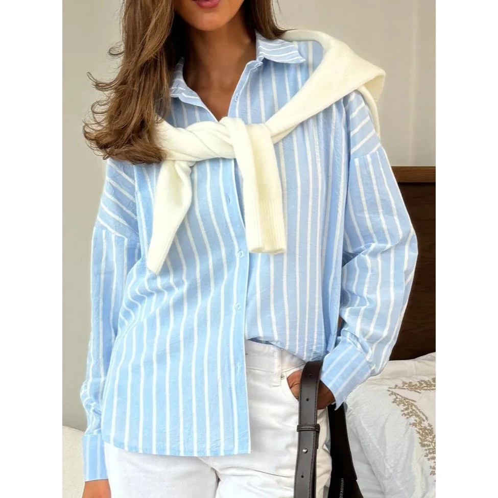 Women's Striped irt Long Sved Lapel Casual Sle Loose Fit Polyester Fabric Long Sve Casual irt for Spring Season