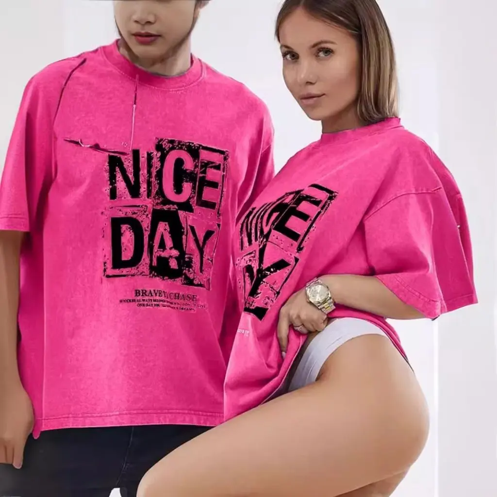 

Women's Oversize round Neck T-shirt Summer Trendy Brand Short-Sleeved Pure Cotton Washed American Letter Print Top