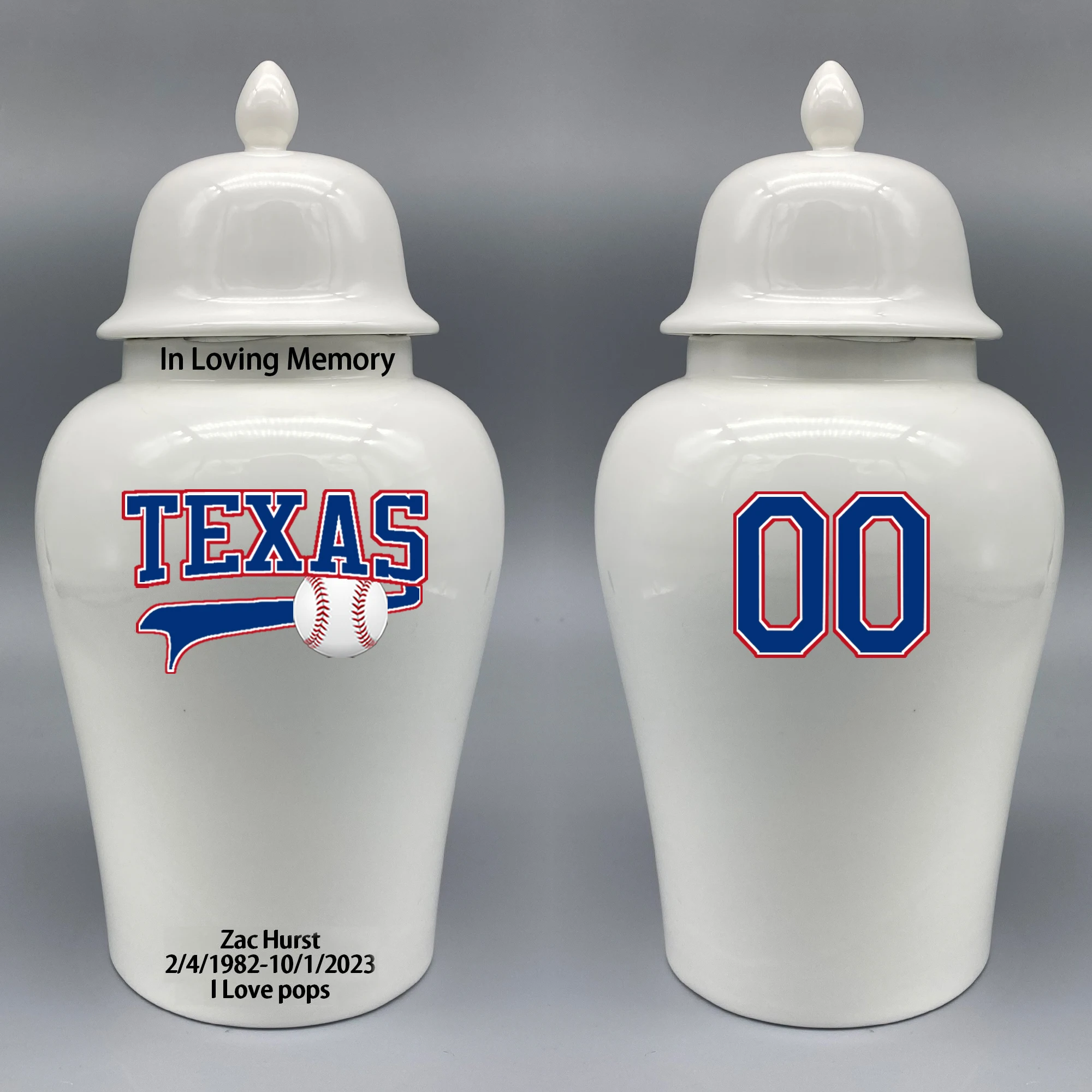 Large Urn for Texas Rangers-themed Logo Urn.Please send me the customize information-name/date and number on the urn