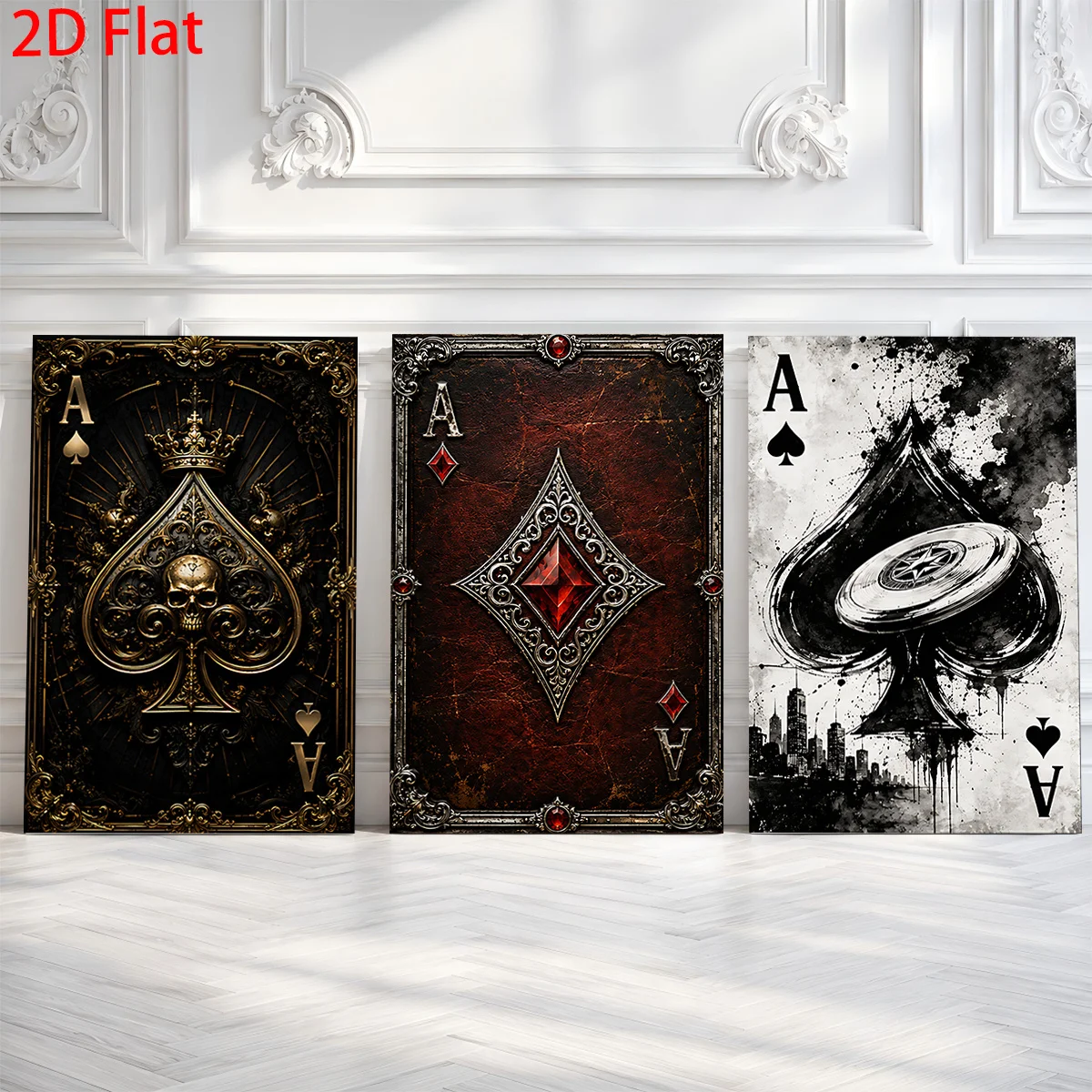 Frameless 3 Piece Vintage Ace Playing Card Canvas Wall Art Gothic Poker Cards Wall Decor for Man Cave