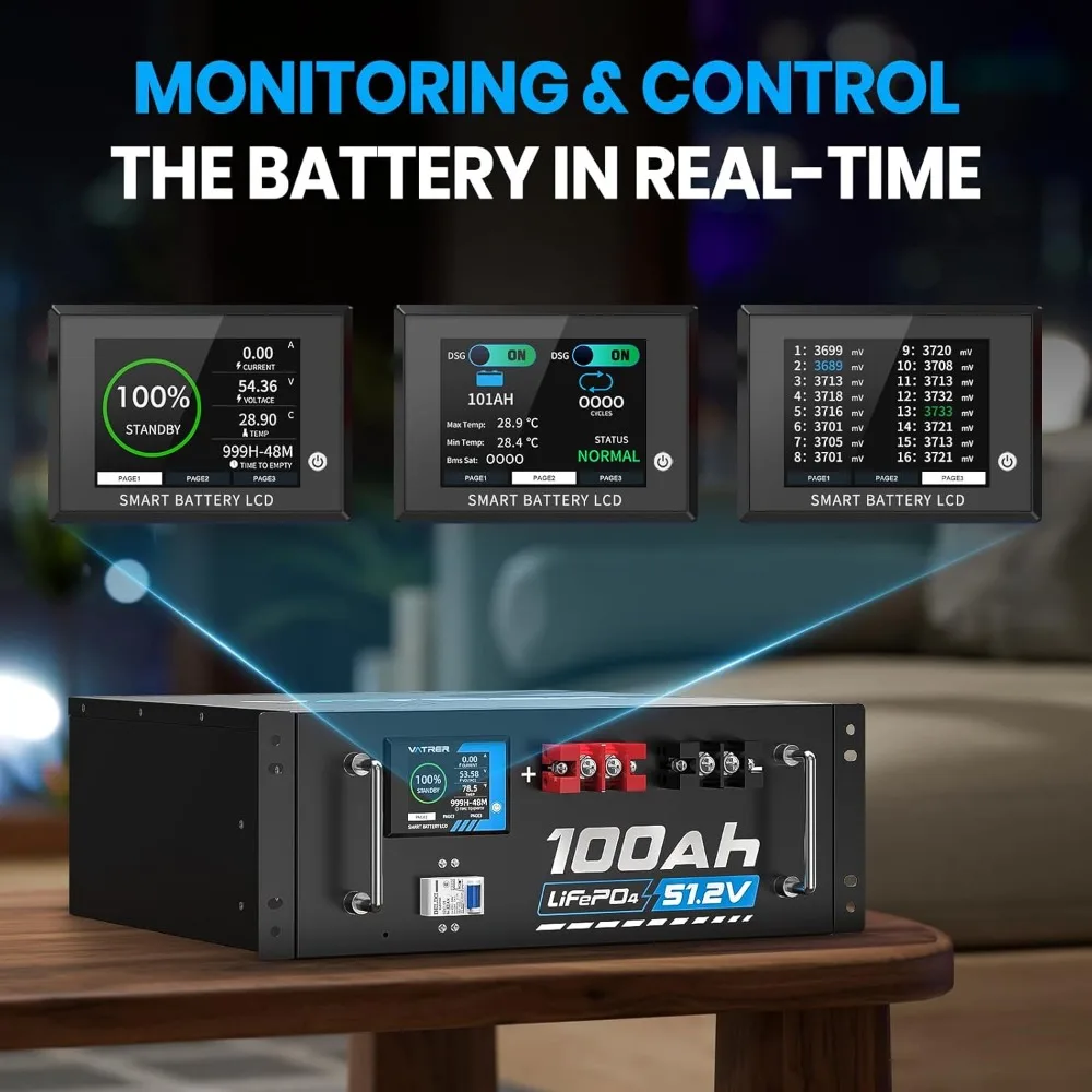 

48V 100AH Lithium LiFePO4 Battery, Built-in 100A BMS, with Touchable Smart Display & Mobile APP, Max. 4800W Power Output