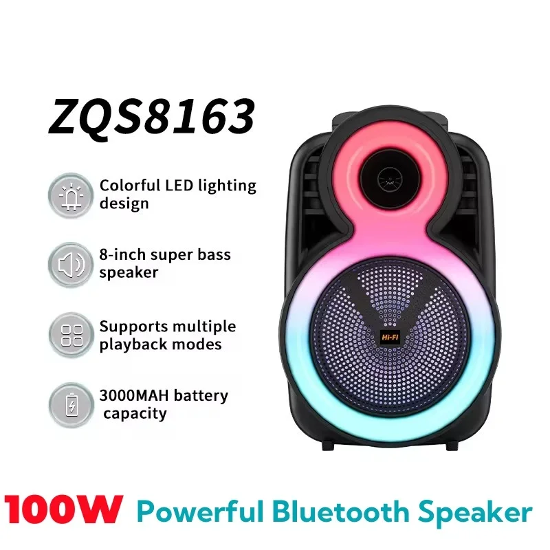 100W High Power Sound Box Portable Outdoor Karaoke System TWS Caixa De Som Bluetooth Speaker 8-inch Speakers Colorful Subwoofer