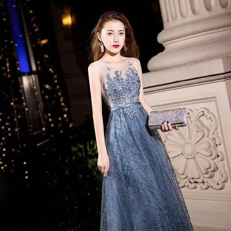 

Vestidos Shining Dark Blue Formal Party Evening Dress O-Neck Elegantes Largos Para Fiesta Elegant Summer Crystal Stars Diamonds