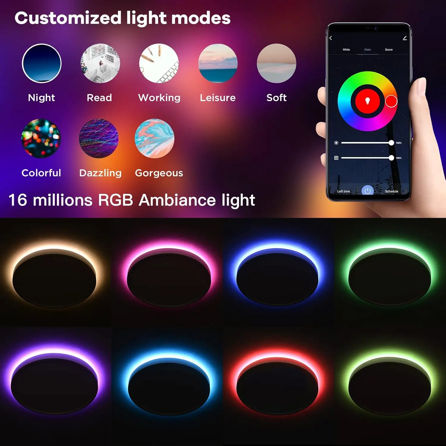 Taloya-RGB luz ambiente, compatível com Alexa, Flush Mount luz de teto, luz do dia, ajustável por App, 12 ", 3000K a 6500K