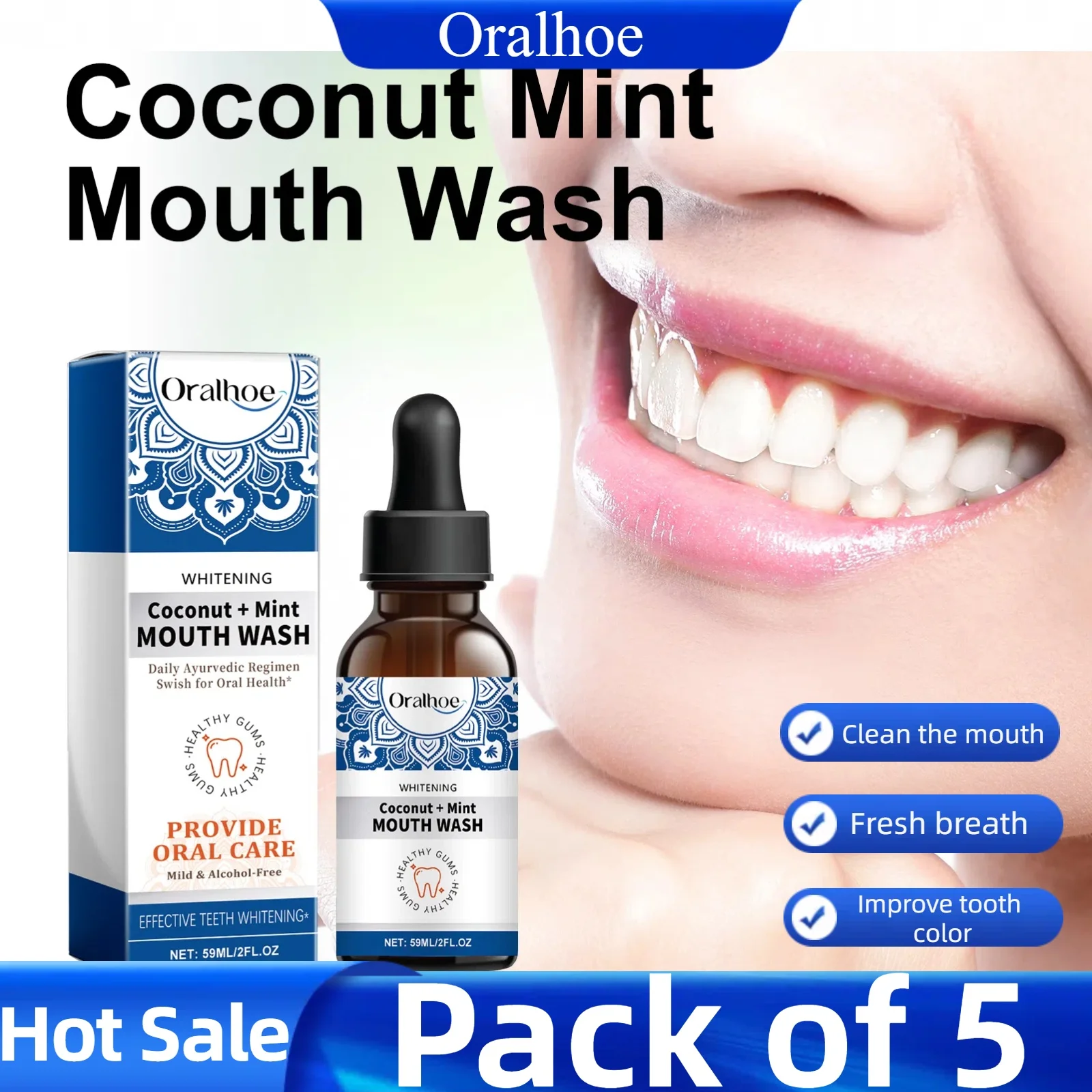 5pcs Energizing Mint Flavor Mouthwash Freshens Breath Cleans Teeth and Mouth,Alcohol Free,Teeth Whitening,Freshening Oral Care