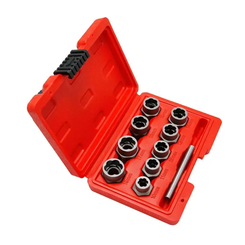 ABJI-10Pc Nut Extractor 1/2 Square Hole Air Cannon Electric Wrench Use Sliding Nut To Remove Red Box Tool Set