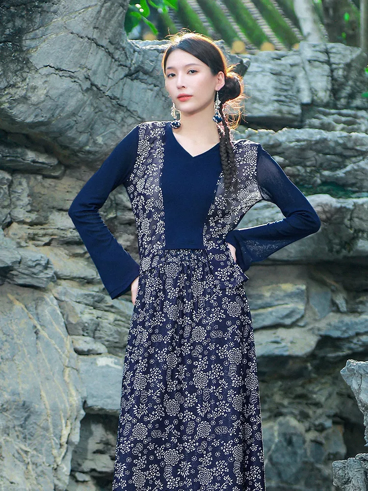 

Топ женский Yang Li, оригинальный дизайн, длинный рукав, V-образный вырез, с цветочным принтом и пэчворком, в китайском этническом стиле, весна-лето-осень...