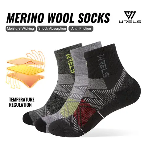 WRELS 1/2/3Pairs Merino Wool Socks Hiking Running Socks Breathable Cushion Sweat Wicking Warm Thermal Compression Wool Socks