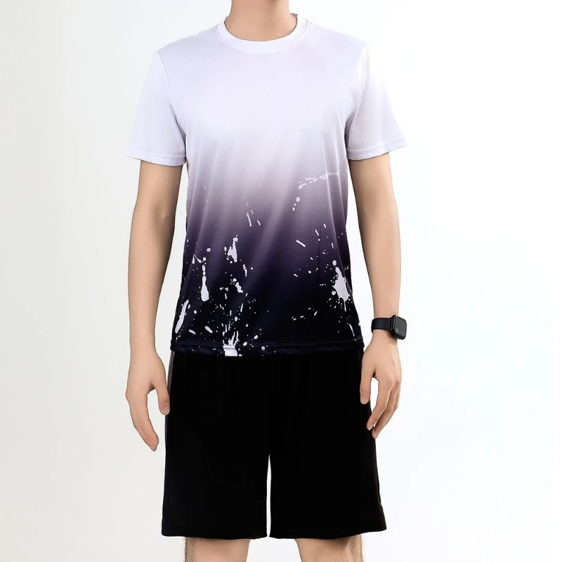 

Men's Quick-drying Short-sleeved Shorts Suit Gradient Color Running Fitness Printed Breathable Loose Round Neck T-Shirts Sets
