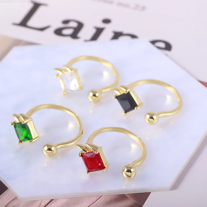 

European and American Jewelry New Simple Temperament Shining Square Cubic Zircon Small Wing Metal Ball Opening Personality Ring