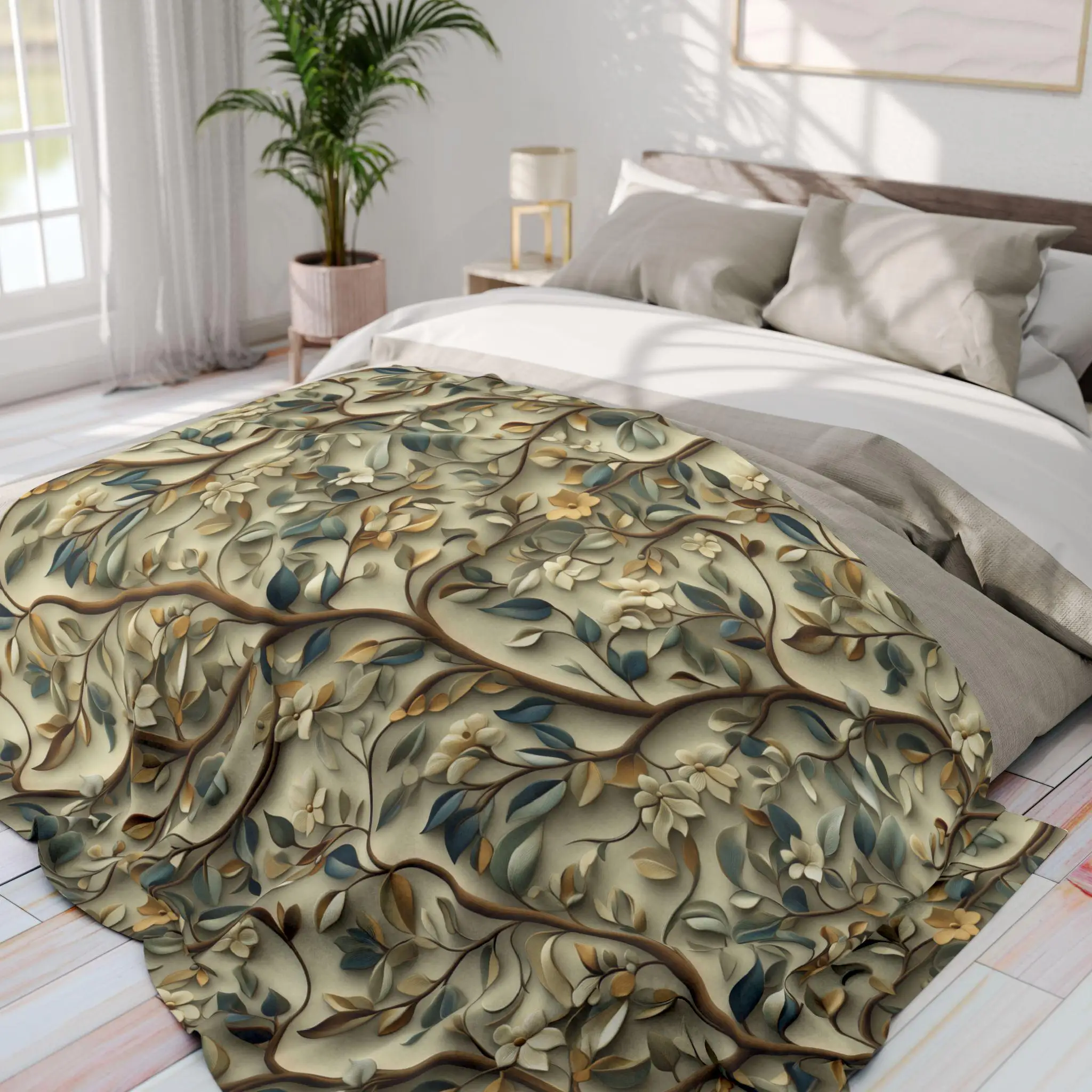 Botanical William Morris Inspired Fleece Blanket, Floral Green Gold White Beige Throw Blanket