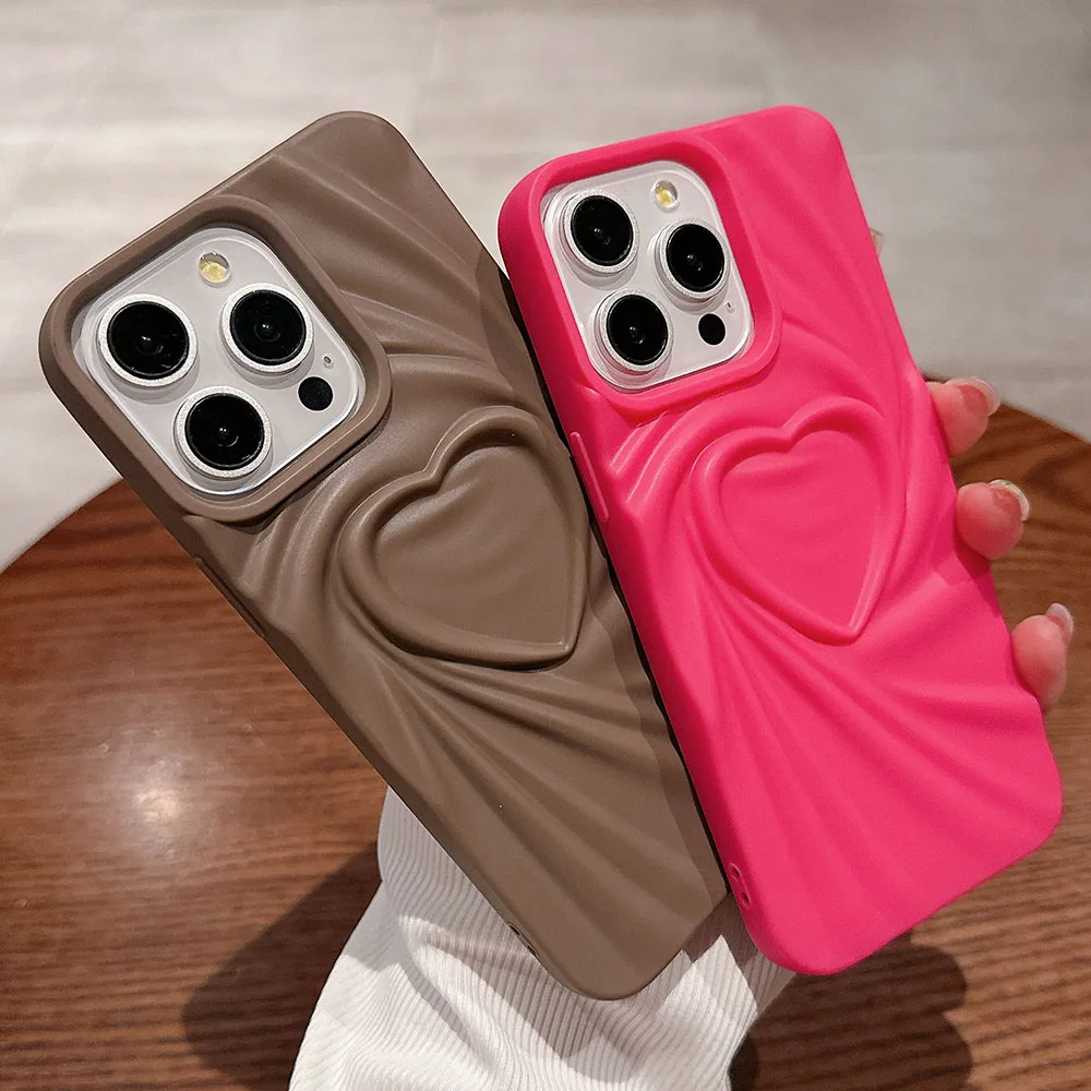 Luxury Candy Color 3D Pleated Love Heart Phone Case For iPhone 12 Pro Max 11 12 13 14 15 Pro Max Pink Wrinkle Shockproof Cover