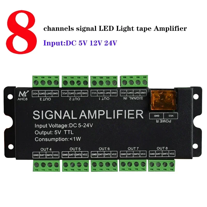 

8 channels signal Amplifier Support multiple ICs: WS811/WS2812B/1903 compatible with 5V-TTI signal dual signals.DC 5V-24V Input