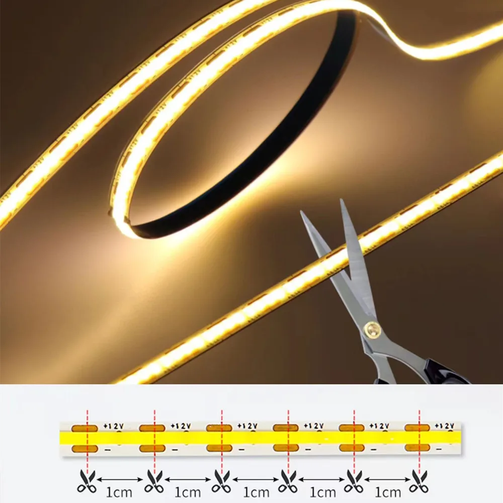 12V COB LED Strip Lights High Density Flexible Tape Ribbon White 6500K Warm White 3000K Nature White 4000K Ra90 1cm Cut 1led 5M