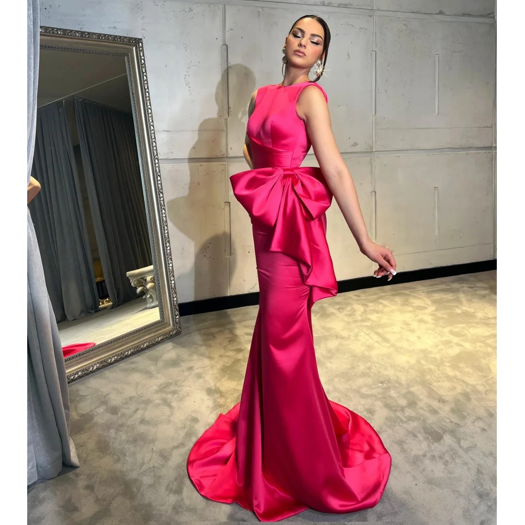

Mermaid Evening Dresses O Neck Satin Wedding Party Dress with Big Bow Customized Elegant Prom Gown Sleeveless Exquisite Vestidos