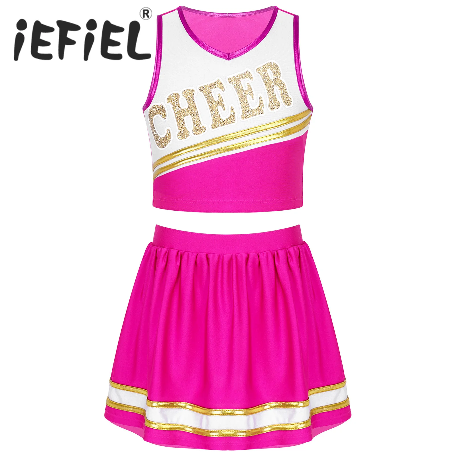 

iEFiEL Kids Girls Cheer Leader Uniform Outfit High School Cheerleading Costume Halloween Carnival Cosplay Fancy Party Dress Up