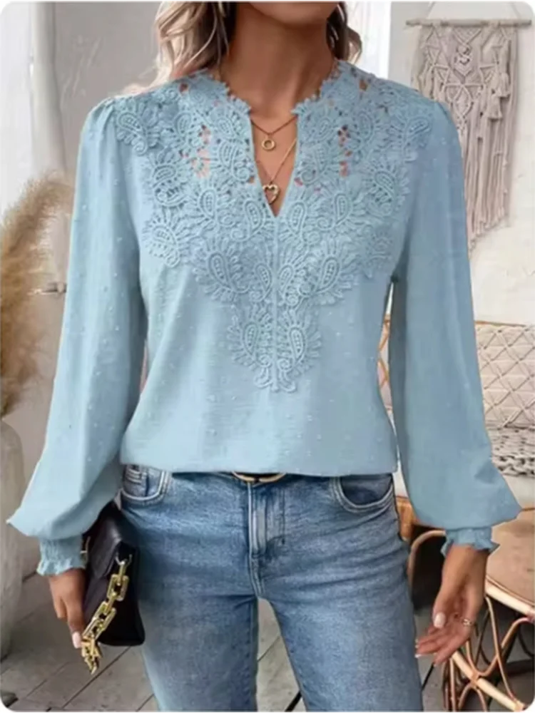 Lace V-neck Long Sleeved Solid Color Jacquard Blouse Women's Sexy T-shirt Elegant Autumn Top