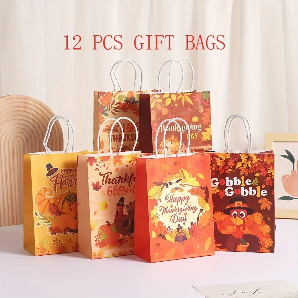 

12pcs Autumn Themed Thanksgiving Treat Bags with Handles - Fall Leaves, Pumpkin & Turkey Designs for Party Favors and Goodies