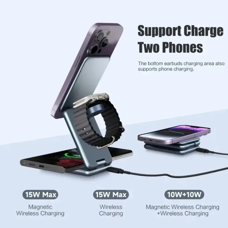 

Metal 3 in 1 Wireless Charger Stand Foldable Fast Charging Magnetic Station For iPhone 17 16 15 14 13 12 Pro Max iWatch Samsung