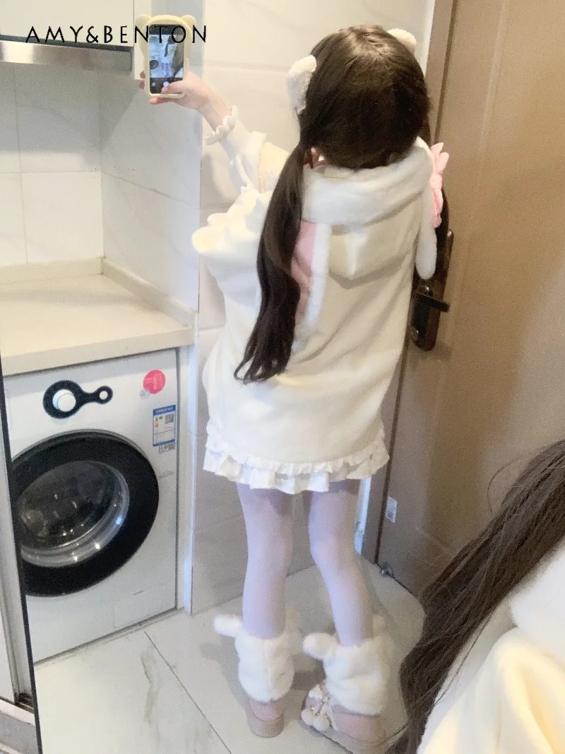 Rabbit Ear Plush Hooded Cute Bow Woolen Cape Coat Autumn Winter New Japanese Sweet Kawaii Lace Patchwork Loose Wool Coat Women