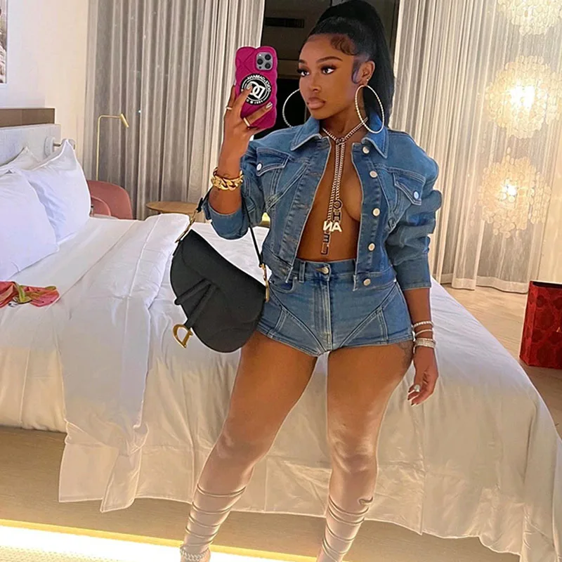 

Doyerl Уличная одежда Комплекты джинсовых шорт из 2 предметов Женская одежда Джинсовая укороченная куртка Топ и шорты Одинаковые комплекты одежды в стиле панк-готика