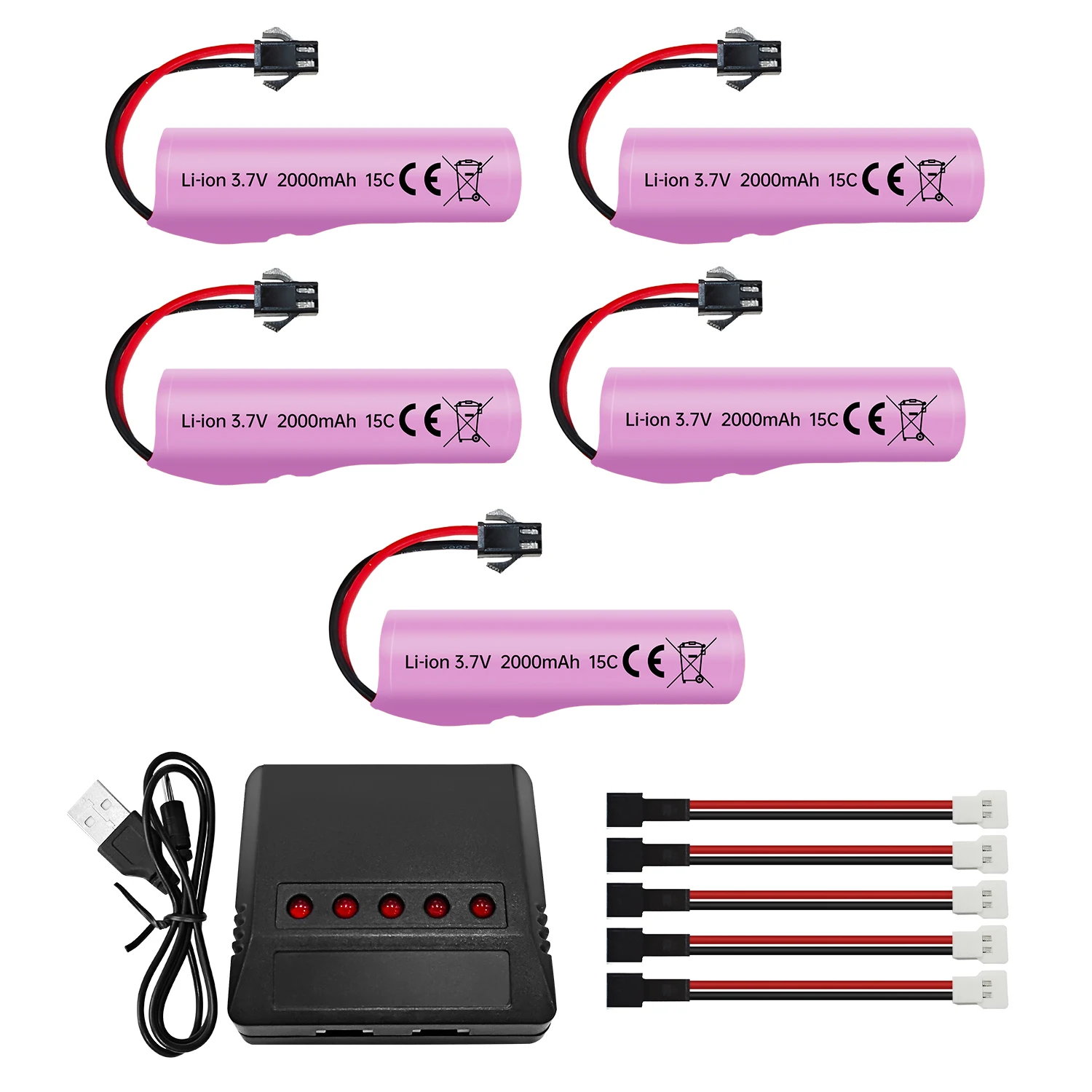 5PCS 3.7V 2000mAh Lipo Battery with 5-in-1 Charger for DE44 DE45 DE68 RC Cars,High-Speed Climbing Racing(SM-2P Plug Battery)