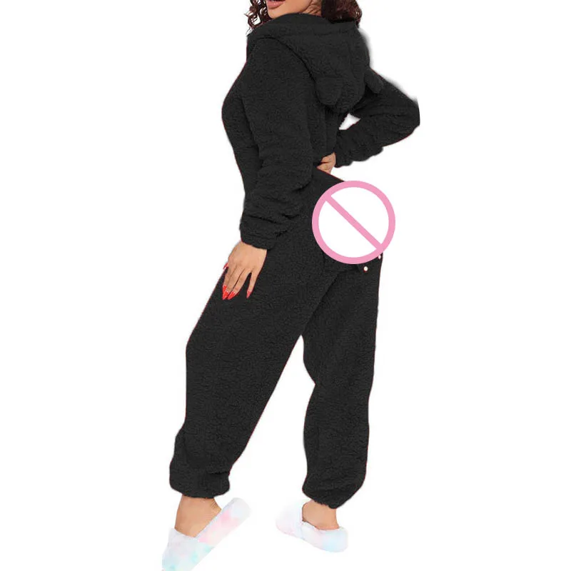 Sexy Opening Winter Pajamas Women Coral Fleece Onesies Homewear Pijama Thickened Velvet Warm Plush Pajamas Hooded Jumpsuits