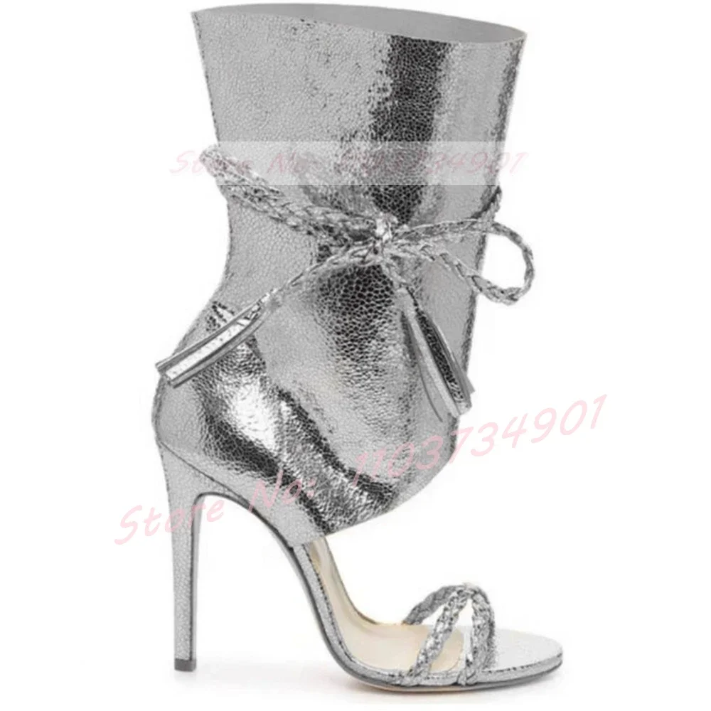 Metallic Leather Rome Style Sandals Women Cross-Tied Open Toe Gladiator Stiletto High Heels Shoes Lady Trendy Party Sexy Sandals