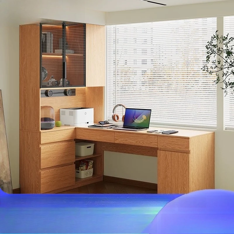 Solid wood oak desk bookcase integrated solid wood glass bookshelf learning