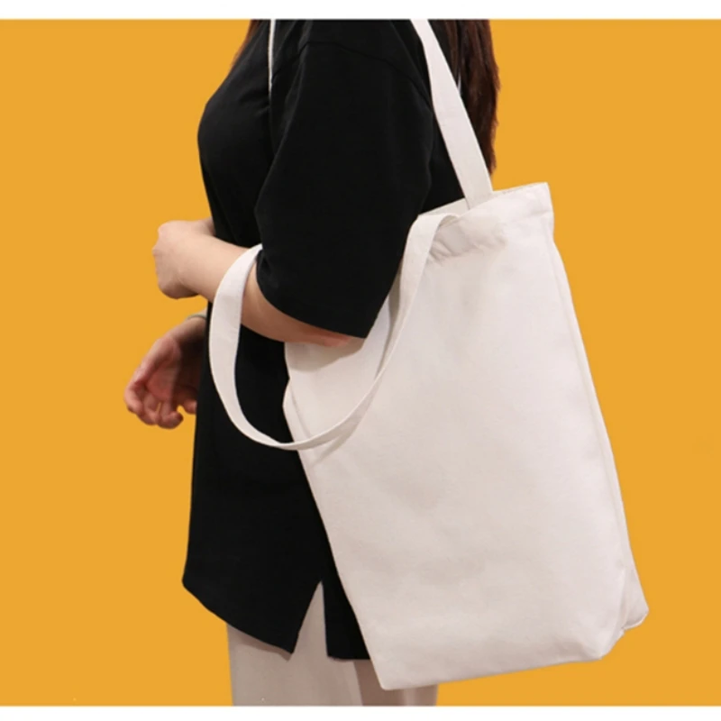 Large Capacity Canvas Shoulder Handbag Folding Eco-Friendly Cotton Tote Bags Reusable DIY Shoulder Bag Grocery Bag Beige Black