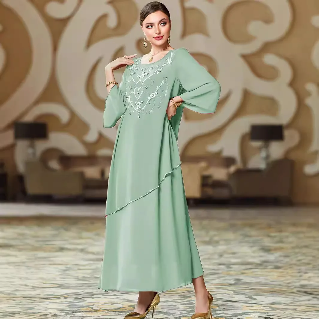 

New Muslim Fashion Moroccan Kaftan Pink Green Hand Sewn Diamond Chiffon Long Dress Loose Swing Dress Islamic Clothing Ramadan