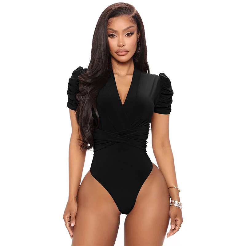 Women\'s Bodysuits Short Sleeve V Neck Sexy Solid Color Cross Sleeved Tube Top Triangle Jumpsuit One Piece Rompers