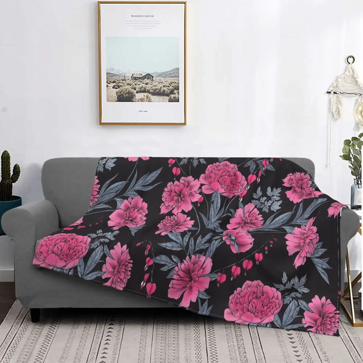 

Pink Peony Floral Blanket Sofa Cover Velvet Spring/Autumn Flower Pattern Portable Soft Throw Blanket for Home Outdoor Quilt