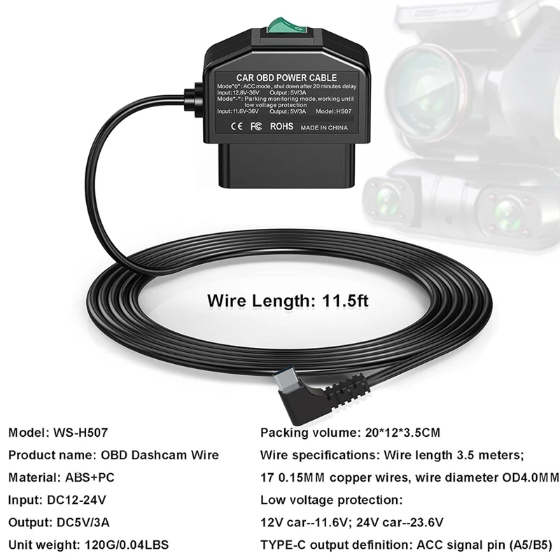

Комплект жесткого провода OBD для видеорегистратора, комплект жесткого провода USB Type C для камеры приборной камеры с кабелем питания OBD для видеорегистратора 12-24 В до 5 В/3 А