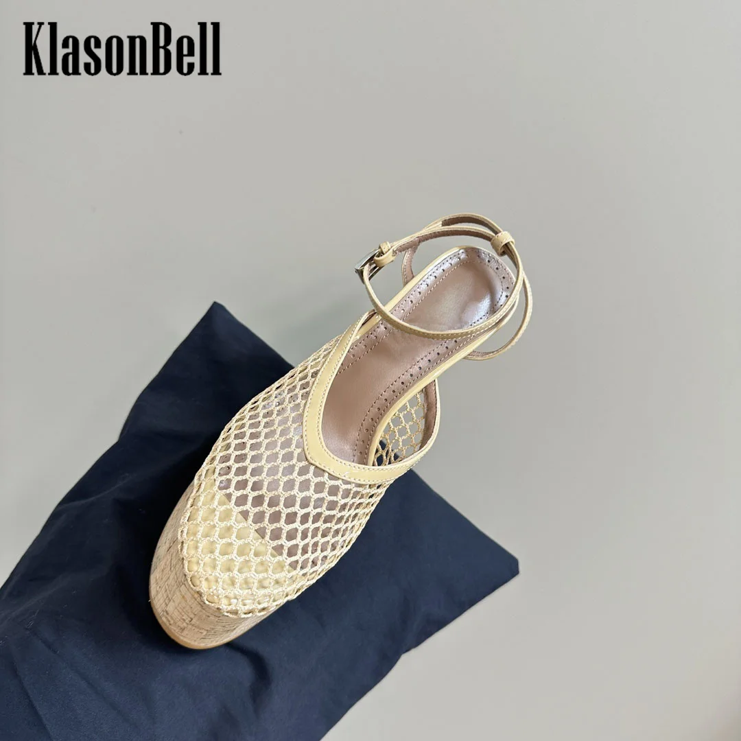 7.22 KlasonBell Women Fashion Thick Sole Mesh Sandals Wedges Heel Patent Leather Buckle Strap Sandals