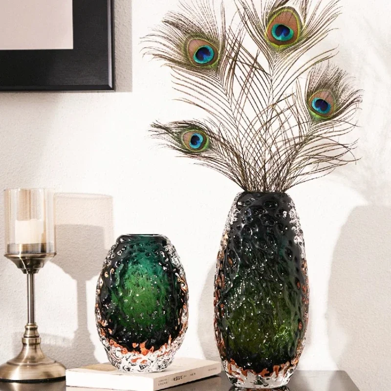 Minimalist Emerald Thick Art Glass Vase Decorative Ornament for Entrance Living Room Dining Table Craft Household Goods