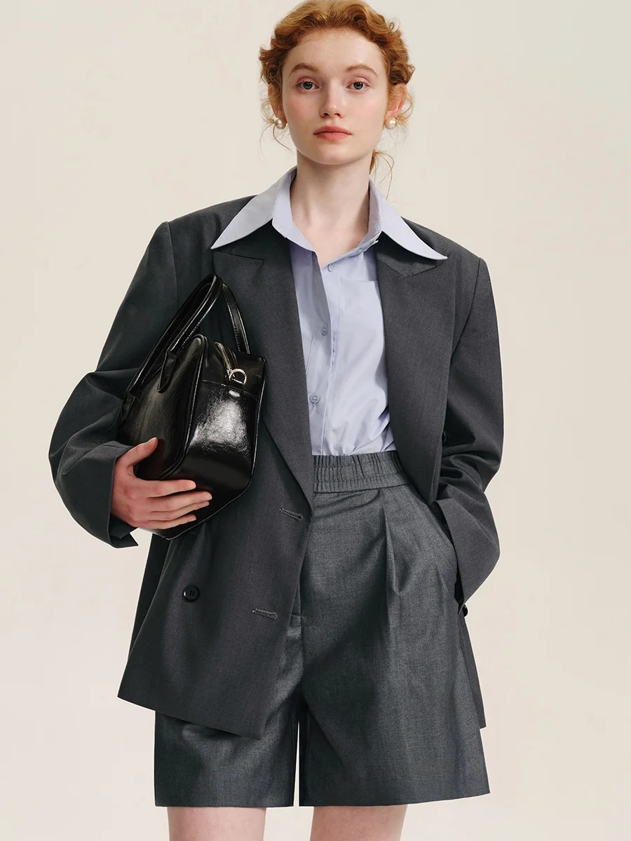 

ay Wide Leg Suit Set plus Lazy Sle oulder Pad Suit Coat Pleated orts Commute Sle Wool Blend Casual Wear