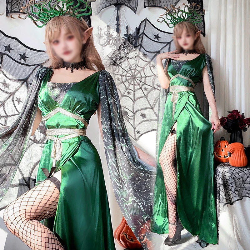 Halloween Adult Greek Mythology Medusa Cosplay Costume Medusa Sexy Green Dress Women Snake Art Horror Scary Masquerade Party Set