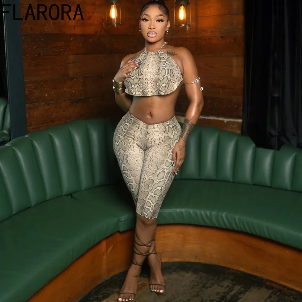 FLARORA مثير اعوج طباعة قطعتين مجموعات امرأة الرسن عارية الذراعين تانك القمم و نحيل السراويل وتتسابق منتصف الليل نادي الحفلات