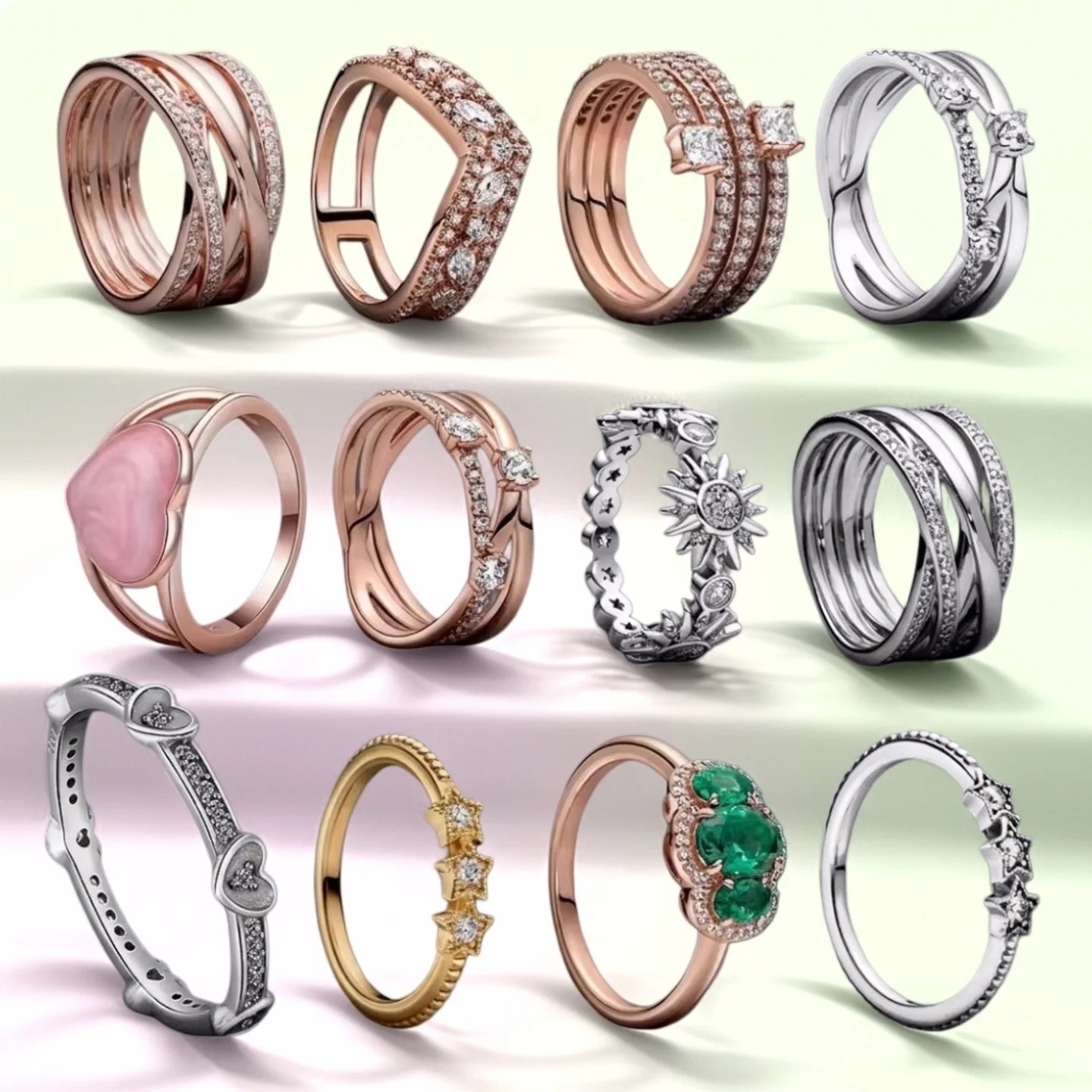 NEW 925 Sterling Silver Sparkling Bead&Double Heart&Star Track Ring Couple DIY Gift Jewelry